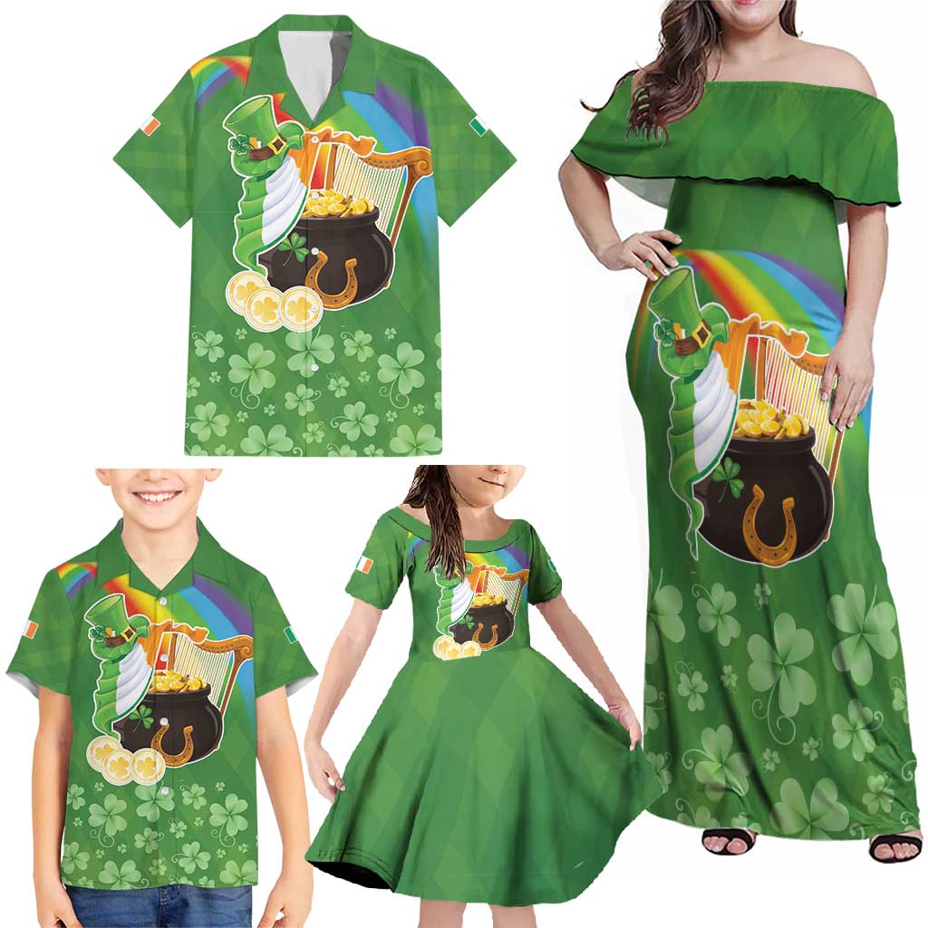 Celtic Harp Shamrock Republic of Ireland Family Matching Off Shoulder Maxi Dress and Hawaiian Shirt
