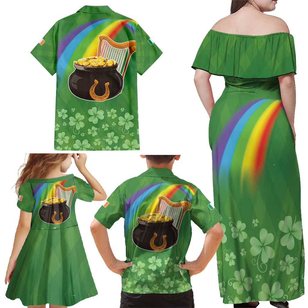 Celtic Harp Shamrock Republic of Ireland Family Matching Off Shoulder Maxi Dress and Hawaiian Shirt