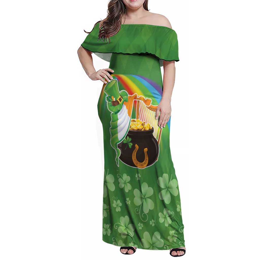 Celtic Harp Shamrock Republic of Ireland Family Matching Off Shoulder Maxi Dress and Hawaiian Shirt
