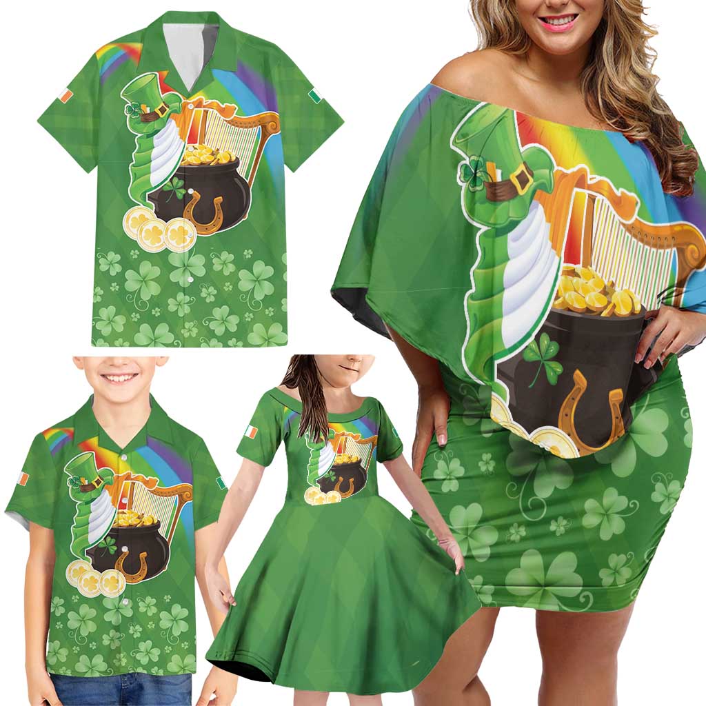 Celtic Harp Shamrock Republic of Ireland Family Matching Off Shoulder Short Dress and Hawaiian Shirt