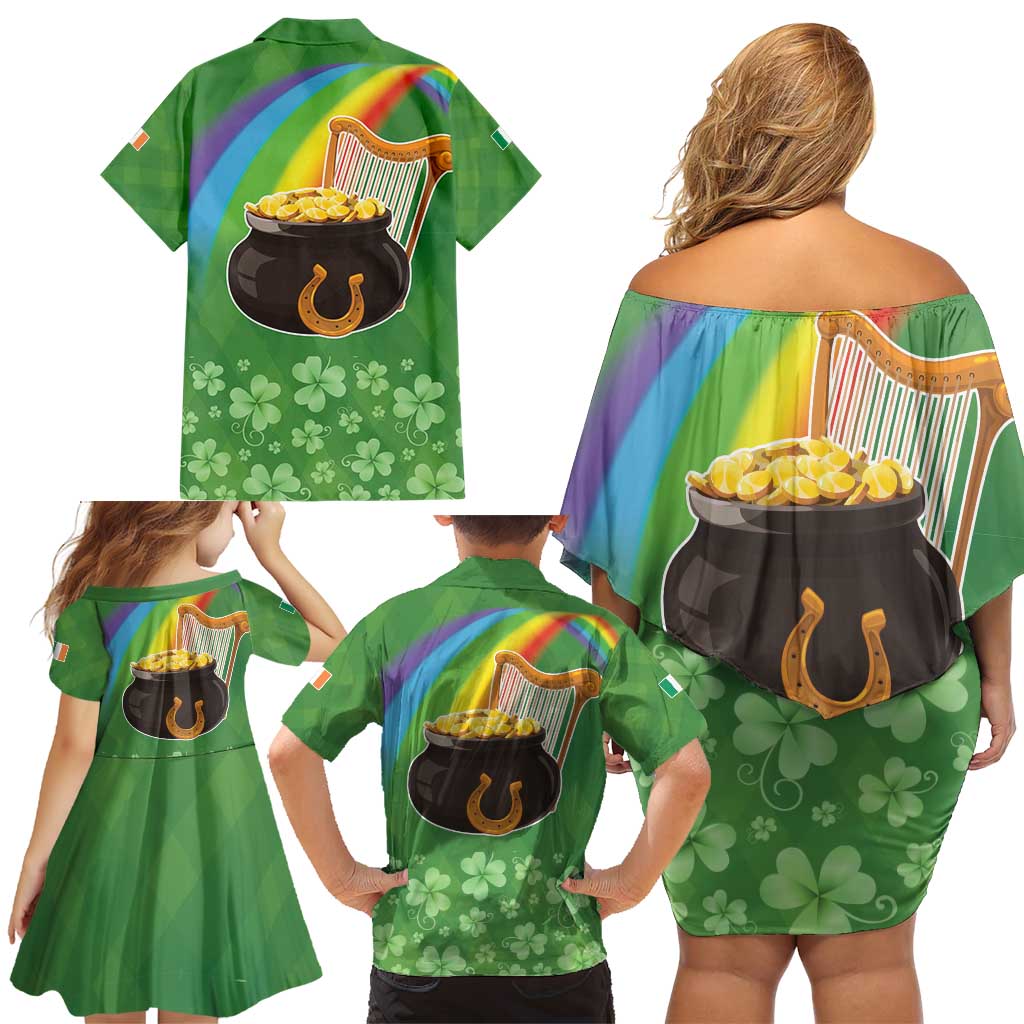 Celtic Harp Shamrock Republic of Ireland Family Matching Off Shoulder Short Dress and Hawaiian Shirt