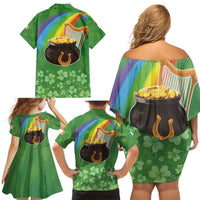 Celtic Harp Shamrock Republic of Ireland Family Matching Off Shoulder Short Dress and Hawaiian Shirt
