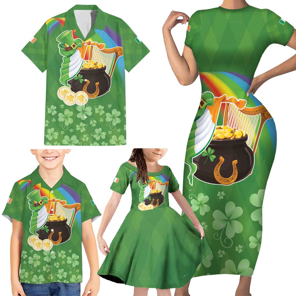 Celtic Harp Shamrock Republic of Ireland Family Matching Short Sleeve Bodycon Dress and Hawaiian Shirt