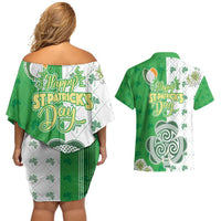 Ireland 17th March Saint Patrick's Day Couples Matching Off Shoulder Short Dress and Hawaiian Shirt Irish Leprechaun with Shamrock