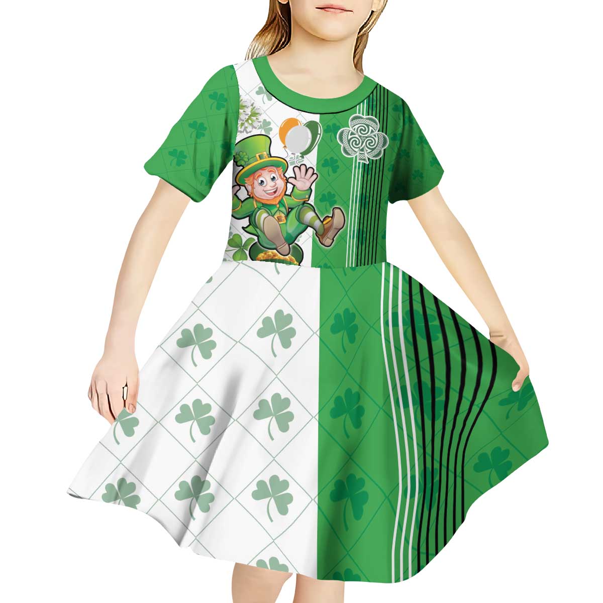 Ireland 17th March Saint Patrick's Day Kid Short Sleeve Dress Irish Leprechaun with Shamrock