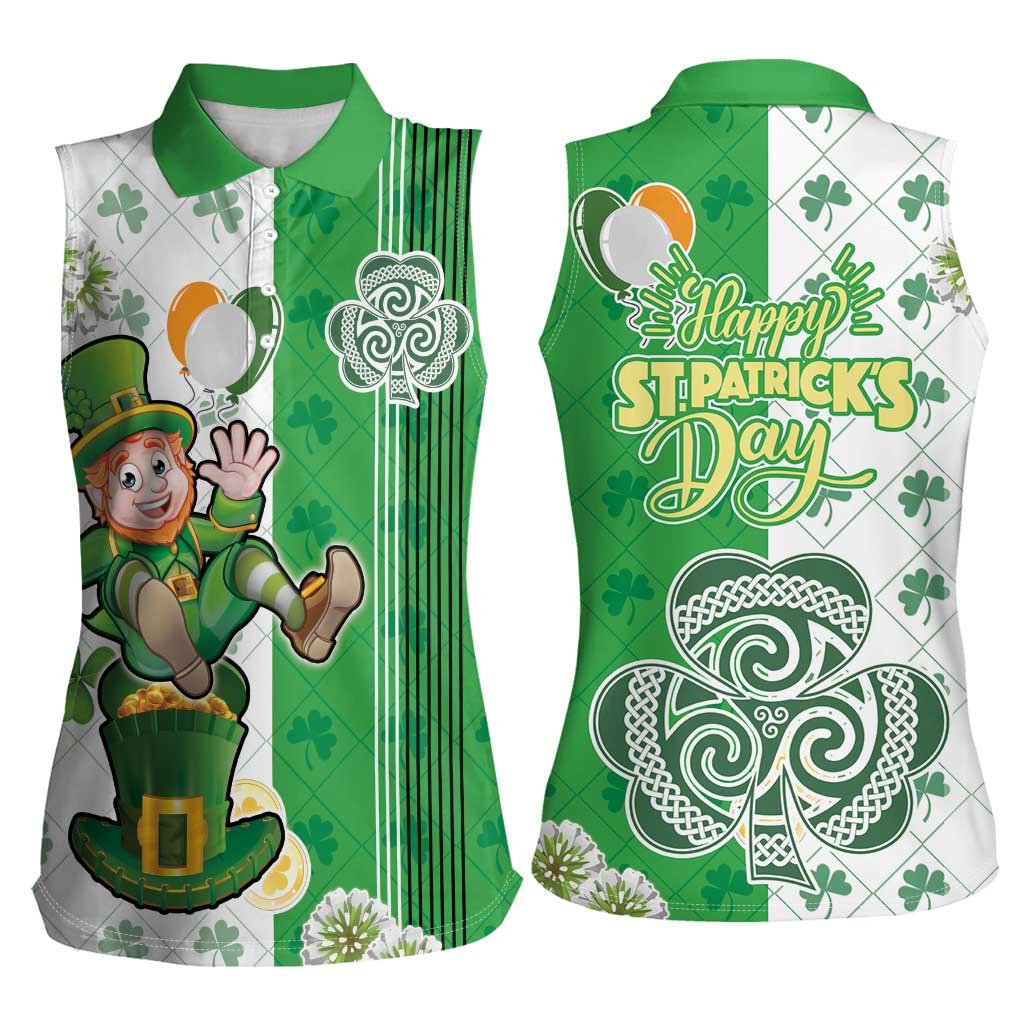 Ireland 17th March Saint Patrick's Day Women Sleeveless Polo Shirt Irish Leprechaun with Shamrock