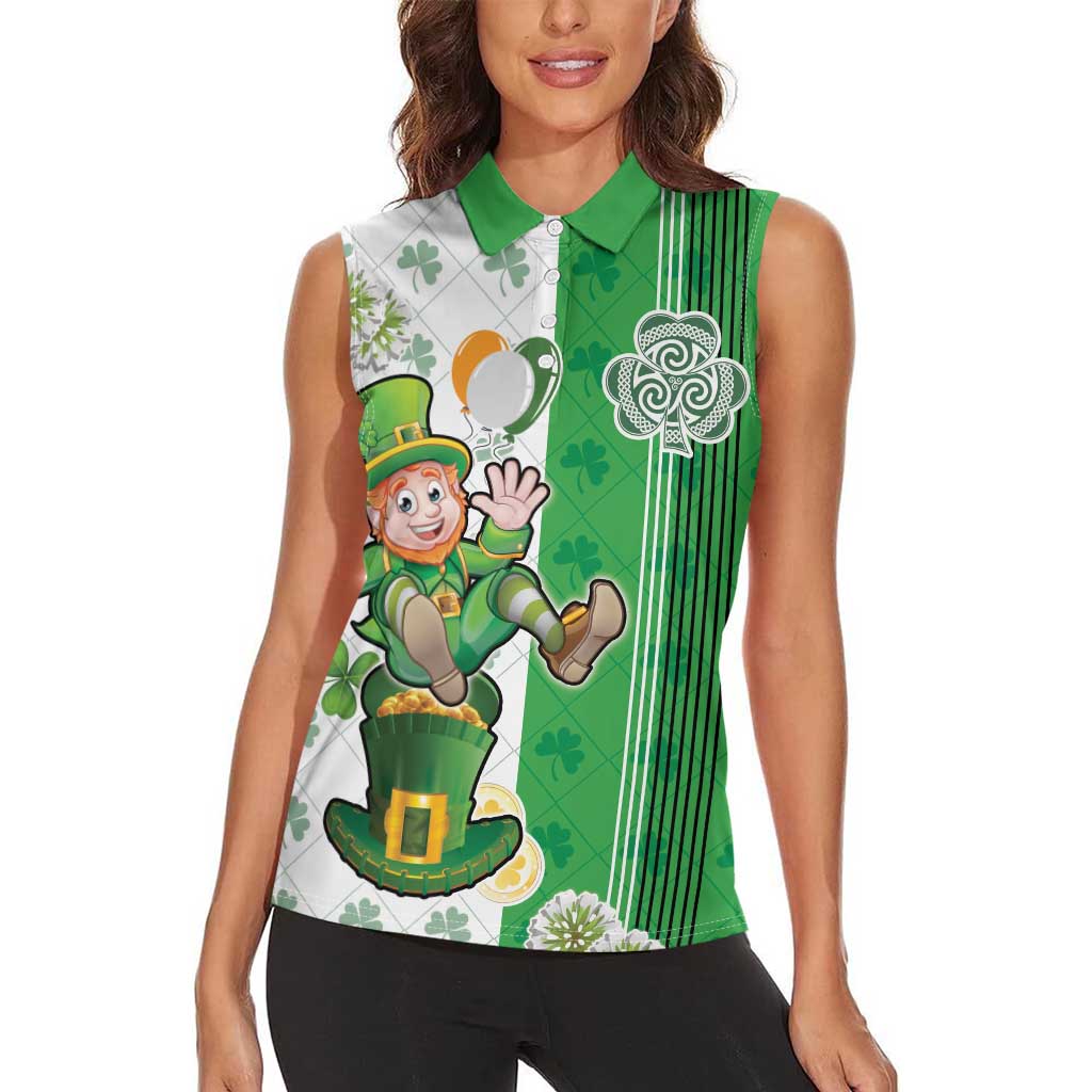 Ireland 17th March Saint Patrick's Day Women Sleeveless Polo Shirt Irish Leprechaun with Shamrock