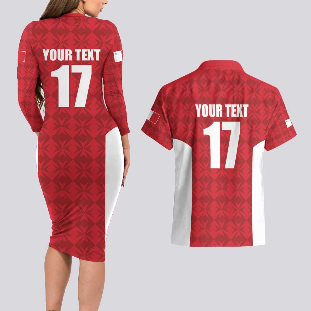 Custom Malta Football Jersey Go Champions Couples Matching Long Sleeve Bodycon Dress and Hawaiian Shirt Red Style
