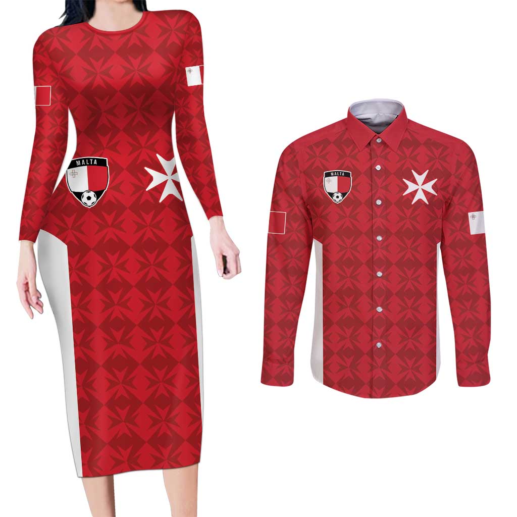 Custom Malta Football Jersey Go Champions Couples Matching Long Sleeve Bodycon Dress and Long Sleeve Button Shirt Red Style
