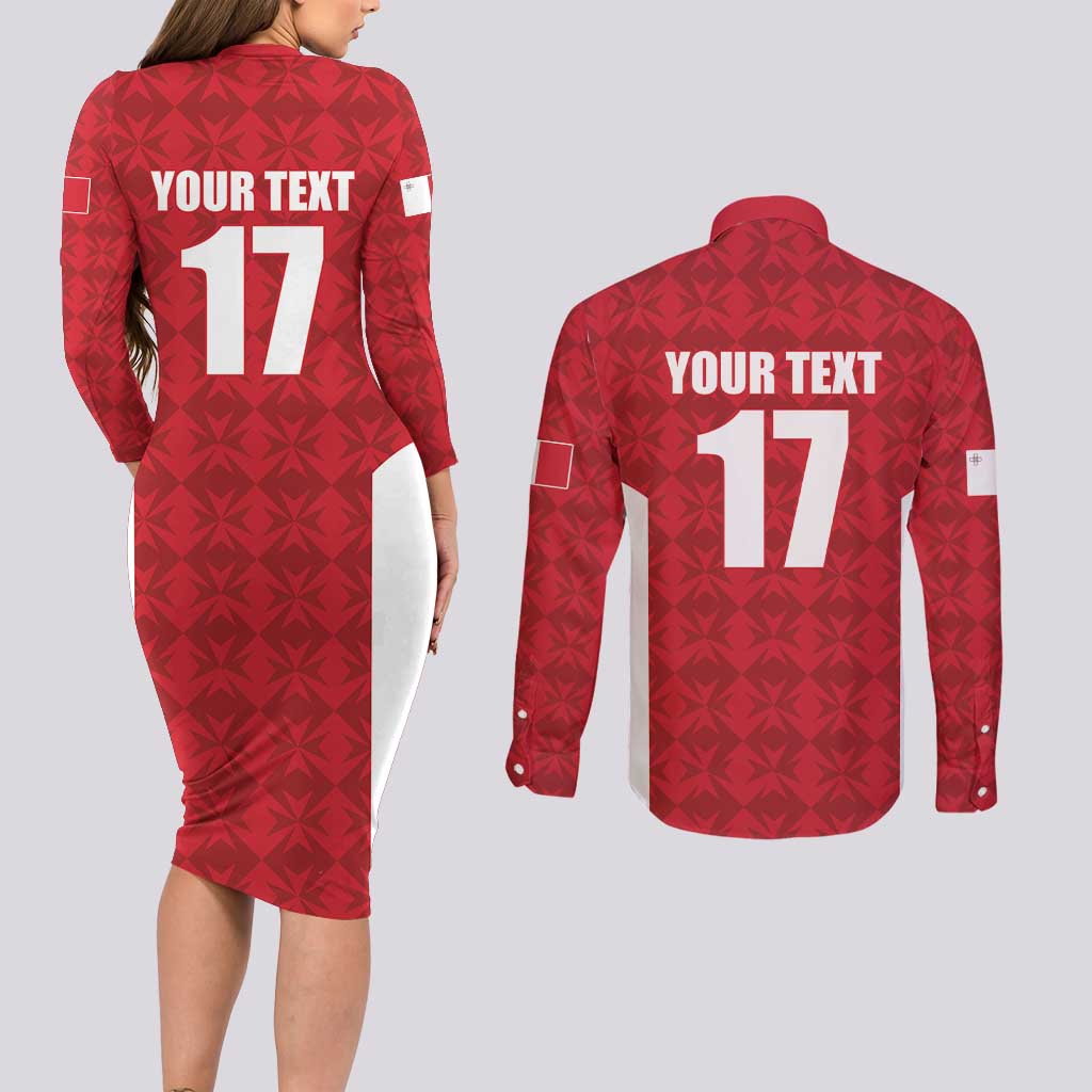 Custom Malta Football Jersey Go Champions Couples Matching Long Sleeve Bodycon Dress and Long Sleeve Button Shirt Red Style