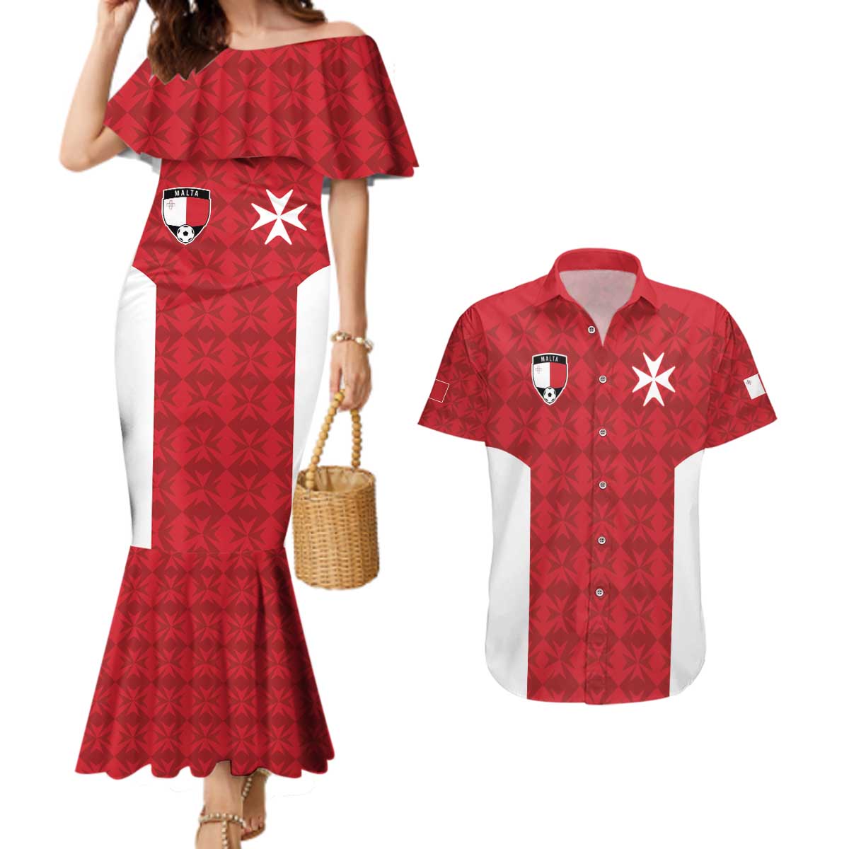 Custom Malta Football Jersey Go Champions Couples Matching Mermaid Dress and Hawaiian Shirt Red Style