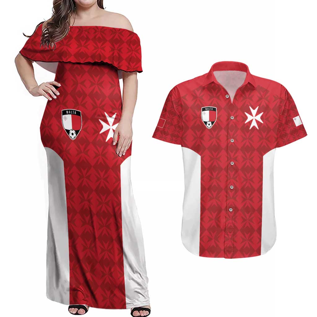 Custom Malta Football Jersey Go Champions Couples Matching Off Shoulder Maxi Dress and Hawaiian Shirt Red Style