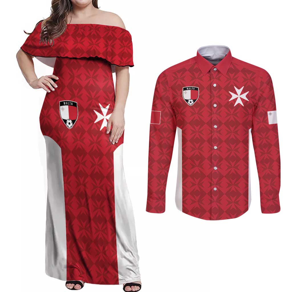 Custom Malta Football Jersey Go Champions Couples Matching Off Shoulder Maxi Dress and Long Sleeve Button Shirt Red Style
