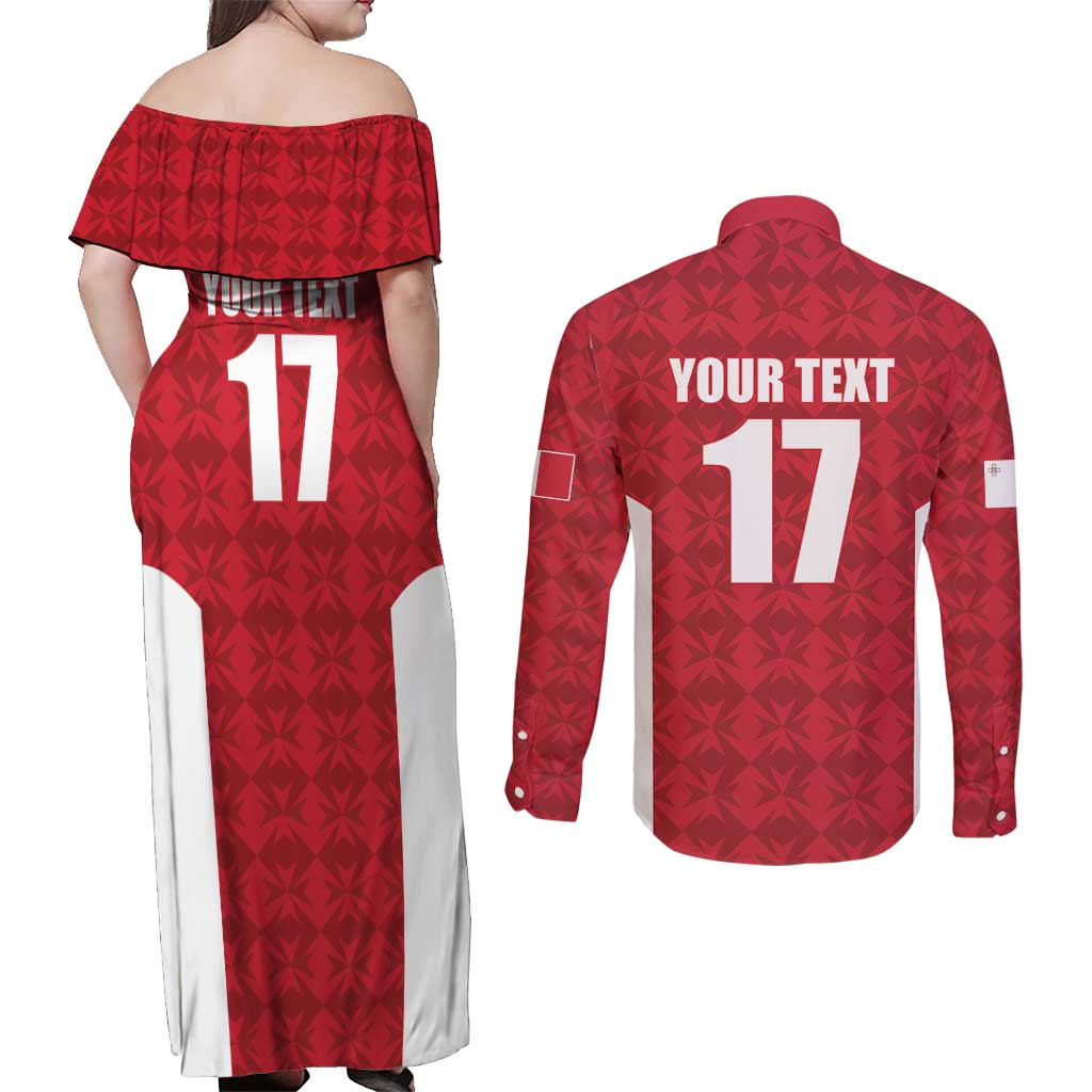 Custom Malta Football Jersey Go Champions Couples Matching Off Shoulder Maxi Dress and Long Sleeve Button Shirt Red Style