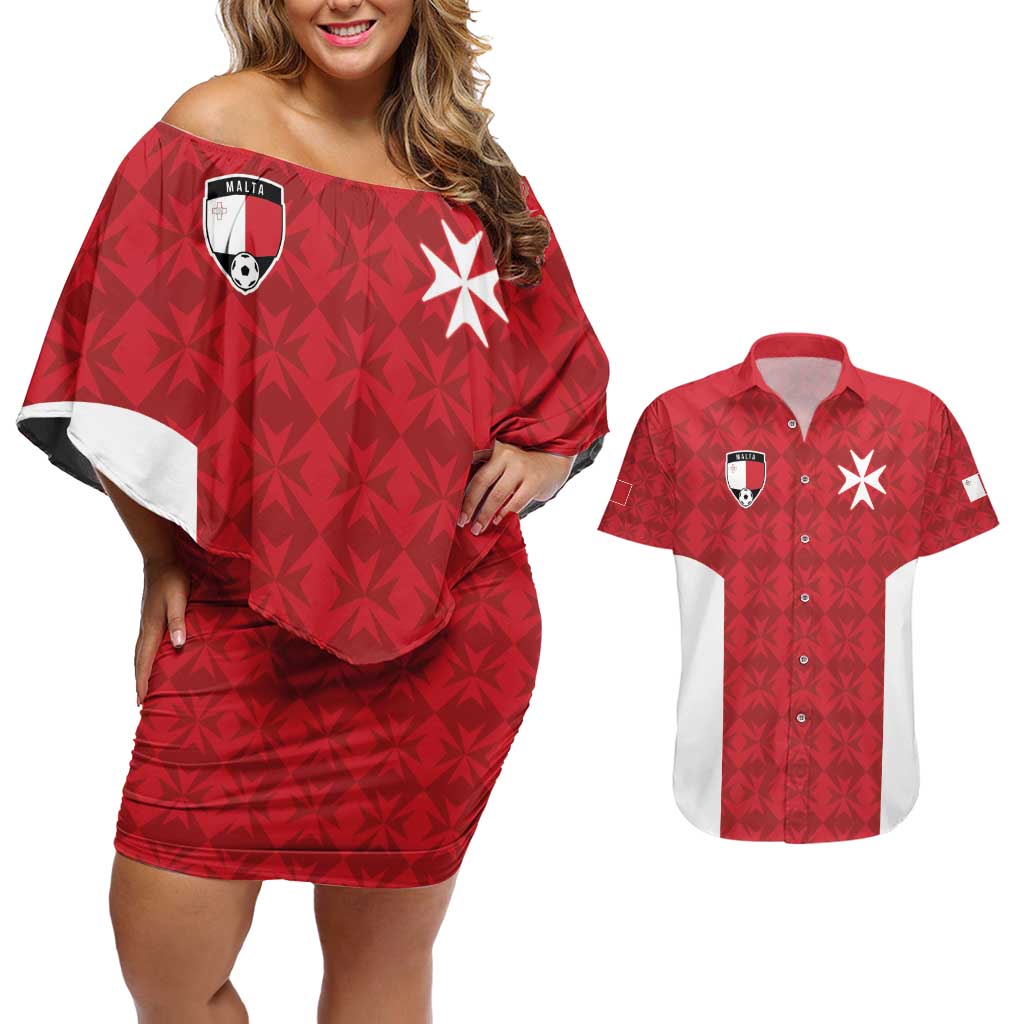 Custom Malta Football Jersey Go Champions Couples Matching Off Shoulder Short Dress and Hawaiian Shirt Red Style