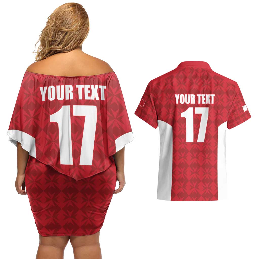 Custom Malta Football Jersey Go Champions Couples Matching Off Shoulder Short Dress and Hawaiian Shirt Red Style