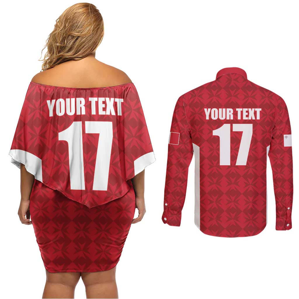 Custom Malta Football Jersey Go Champions Couples Matching Off Shoulder Short Dress and Long Sleeve Button Shirt Red Style