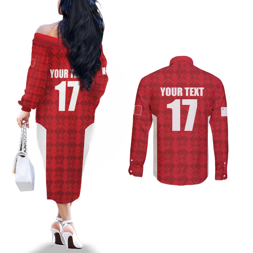 Custom Malta Football Jersey Go Champions Couples Matching Off The Shoulder Long Sleeve Dress and Long Sleeve Button Shirt Red Style