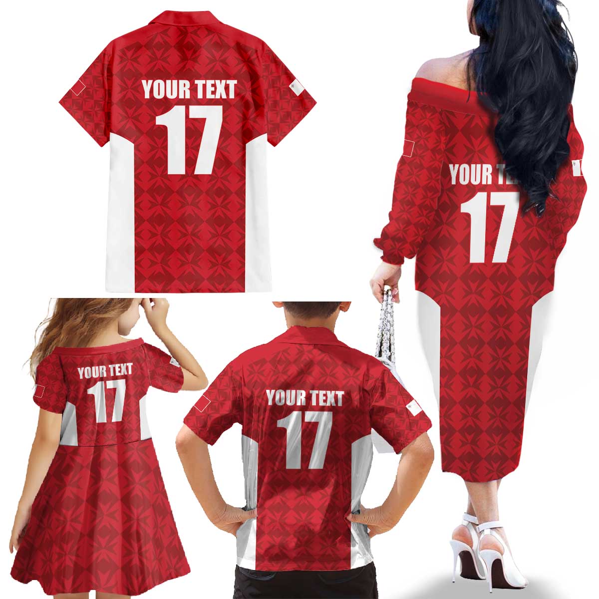 Custom Malta Football Jersey Go Champions Family Matching Off The Shoulder Long Sleeve Dress and Hawaiian Shirt Red Style