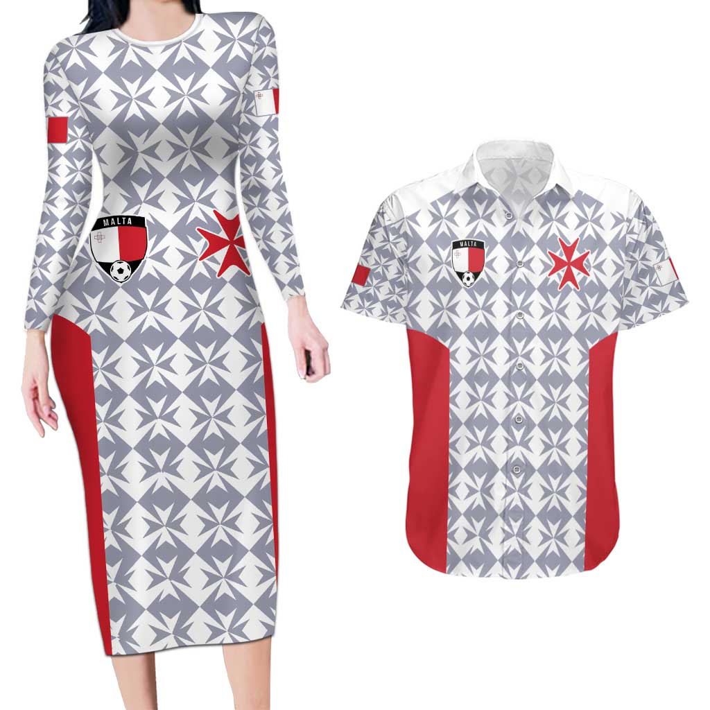 Custom Malta Football Jersey Go Champions Couples Matching Long Sleeve Bodycon Dress and Hawaiian Shirt White Style