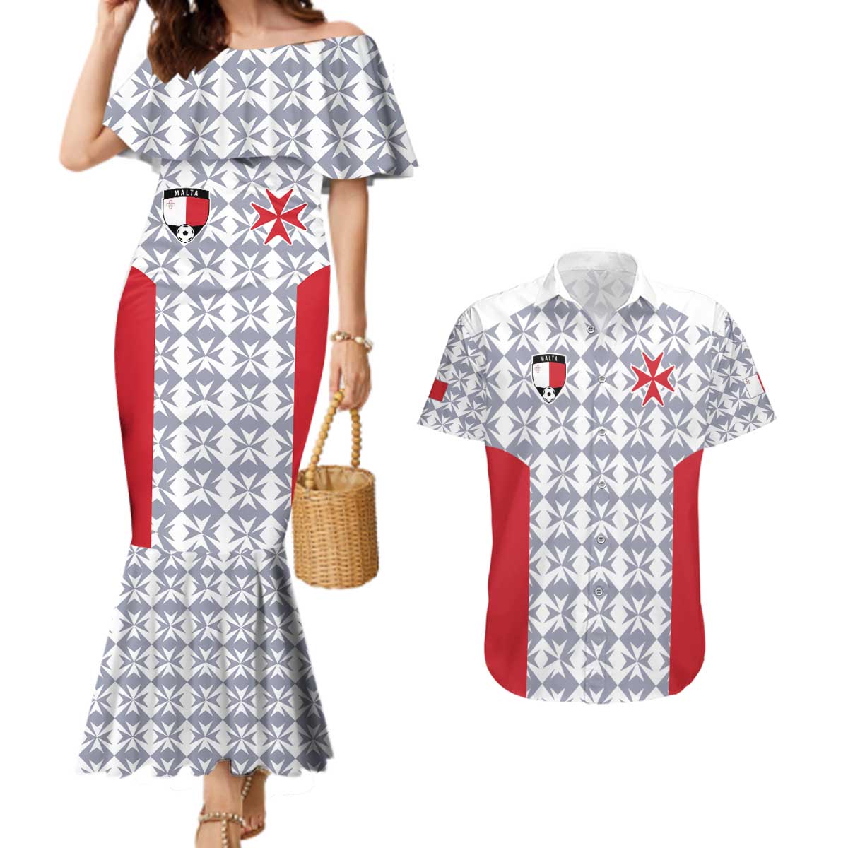 Custom Malta Football Jersey Go Champions Couples Matching Mermaid Dress and Hawaiian Shirt White Style