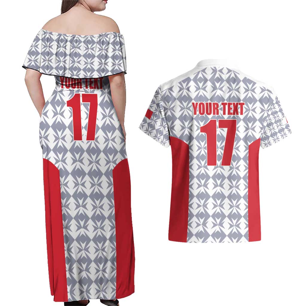 Custom Malta Football Jersey Go Champions Couples Matching Off Shoulder Maxi Dress and Hawaiian Shirt White Style