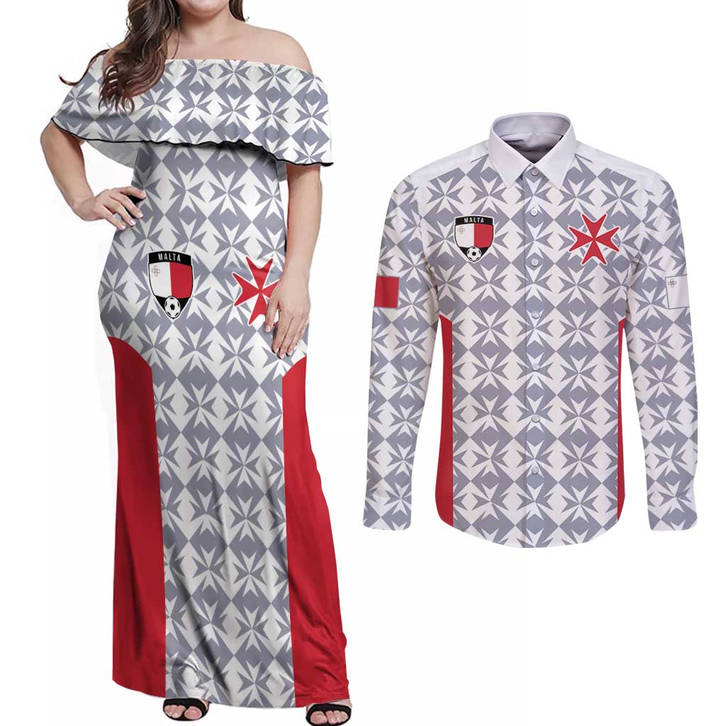 Custom Malta Football Jersey Go Champions Couples Matching Off Shoulder Maxi Dress and Long Sleeve Button Shirt White Style