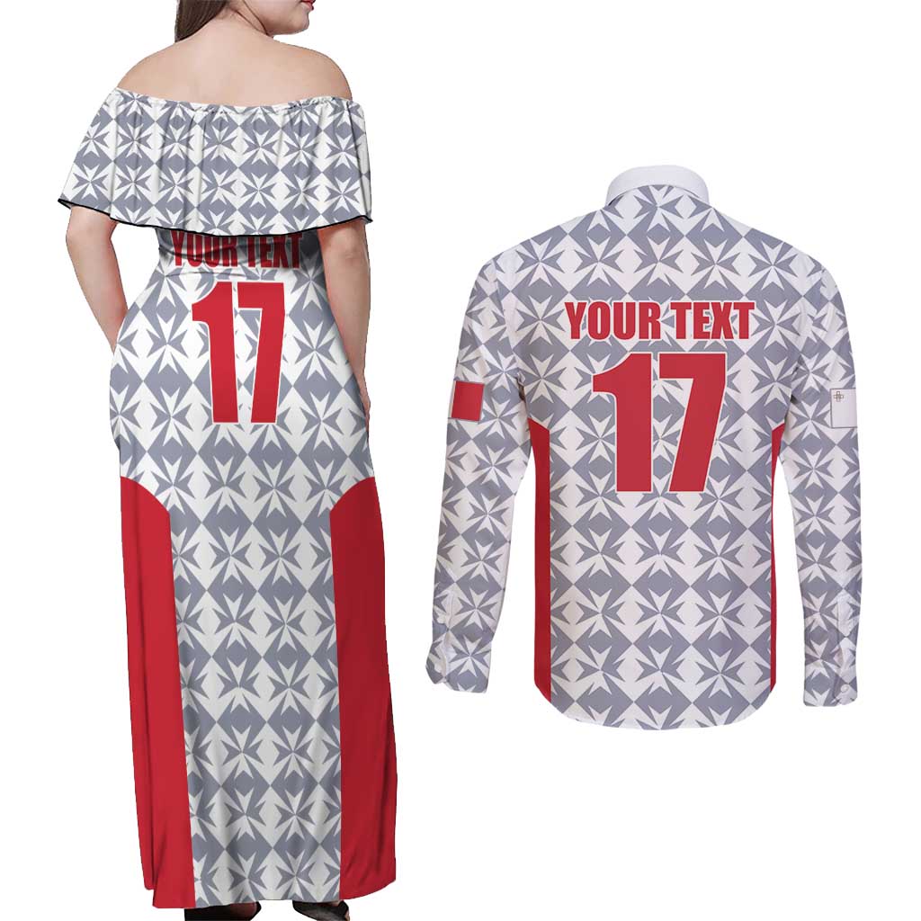 Custom Malta Football Jersey Go Champions Couples Matching Off Shoulder Maxi Dress and Long Sleeve Button Shirt White Style