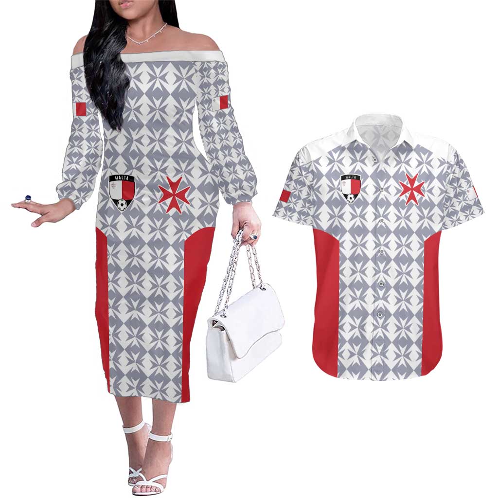 Custom Malta Football Jersey Go Champions Couples Matching Off The Shoulder Long Sleeve Dress and Hawaiian Shirt White Style