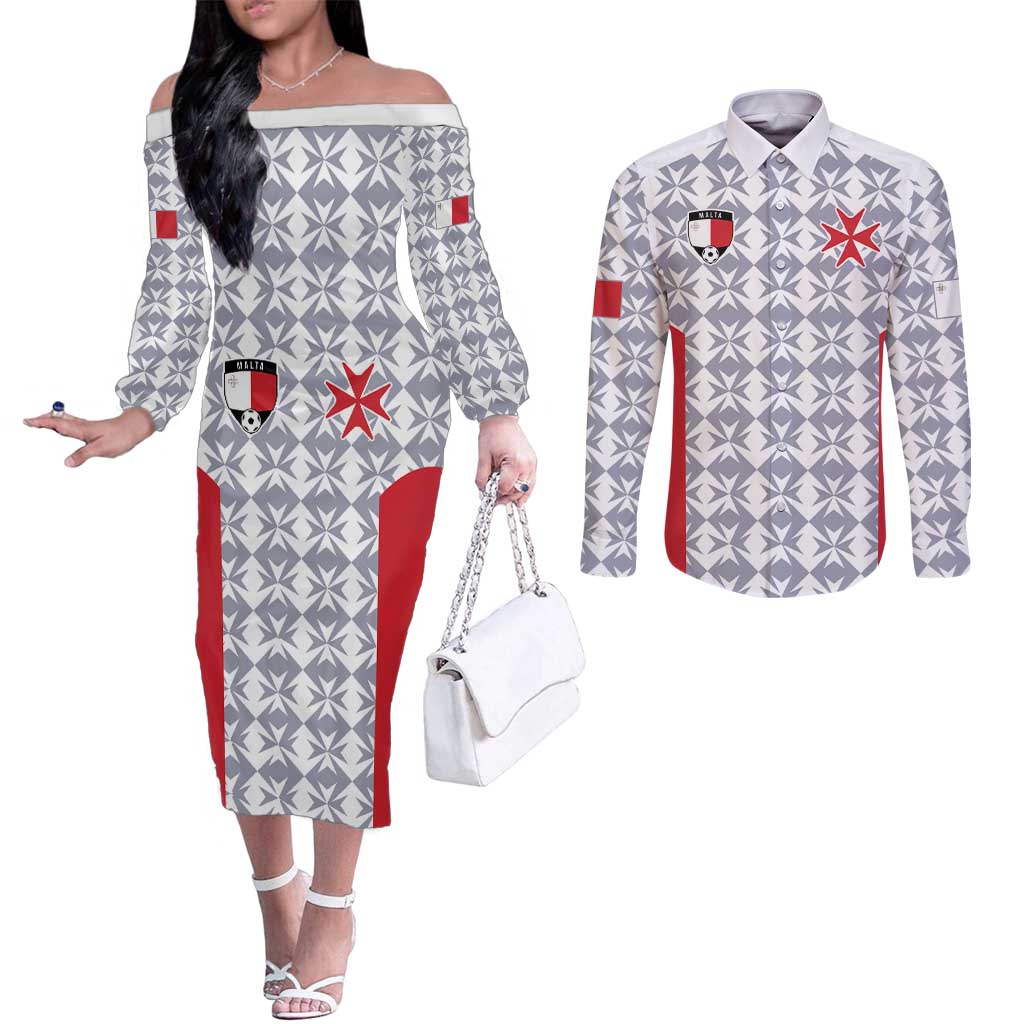 Custom Malta Football Jersey Go Champions Couples Matching Off The Shoulder Long Sleeve Dress and Long Sleeve Button Shirt White Style