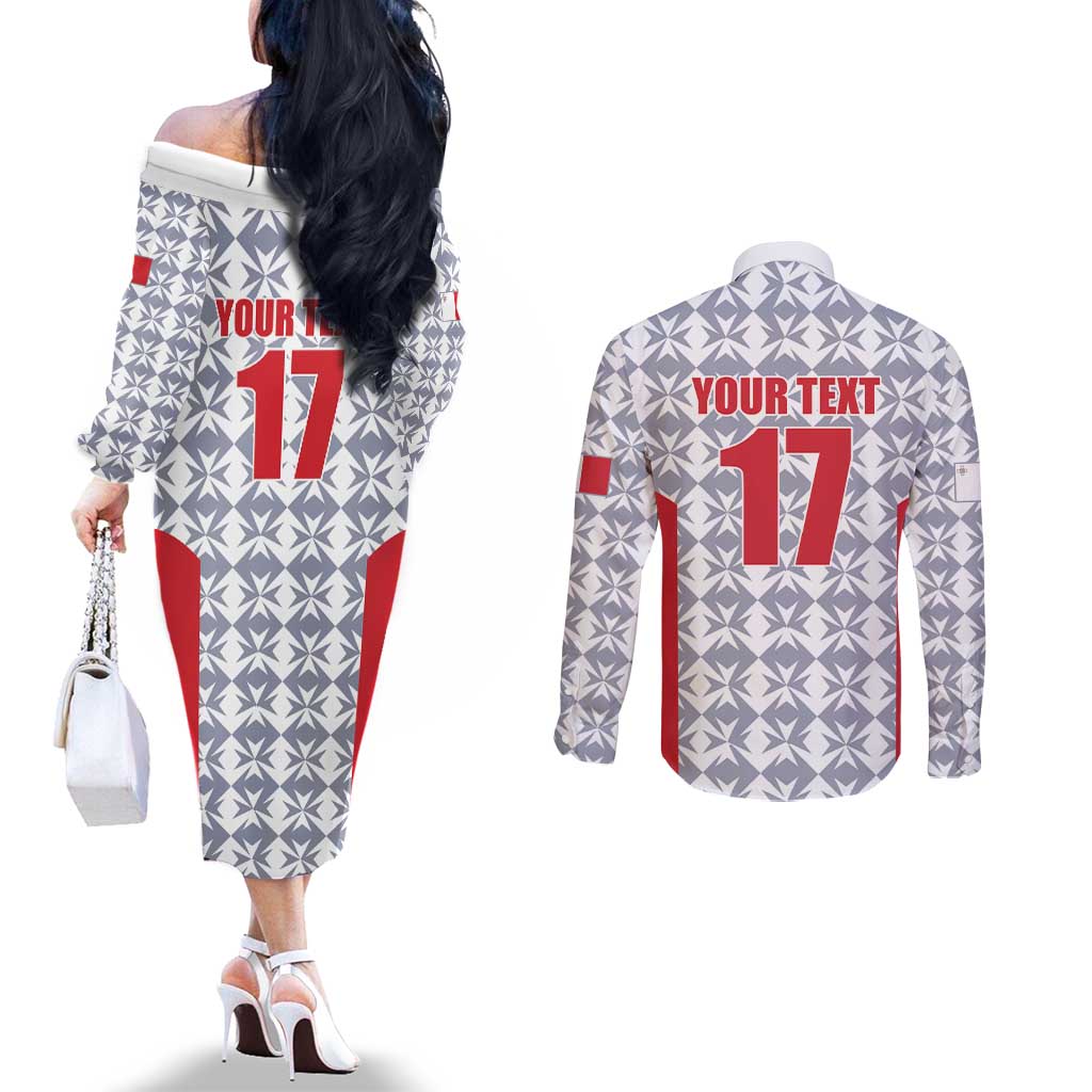 Custom Malta Football Jersey Go Champions Couples Matching Off The Shoulder Long Sleeve Dress and Long Sleeve Button Shirt White Style