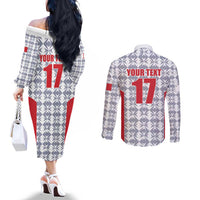 Custom Malta Football Jersey Go Champions Couples Matching Off The Shoulder Long Sleeve Dress and Long Sleeve Button Shirt White Style
