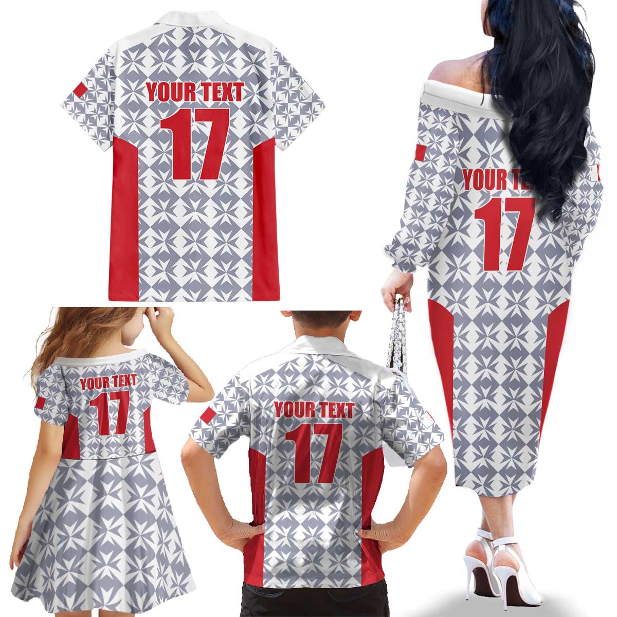 Custom Malta Football Jersey Go Champions Family Matching Off The Shoulder Long Sleeve Dress and Hawaiian Shirt White Style
