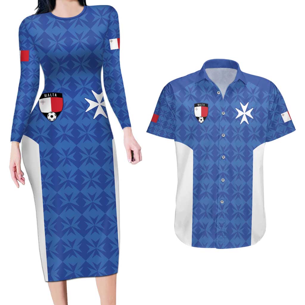 Custom Malta Football Jersey Go Champions Couples Matching Long Sleeve Bodycon Dress and Hawaiian Shirt Blue Style