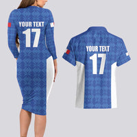 Custom Malta Football Jersey Go Champions Couples Matching Long Sleeve Bodycon Dress and Hawaiian Shirt Blue Style