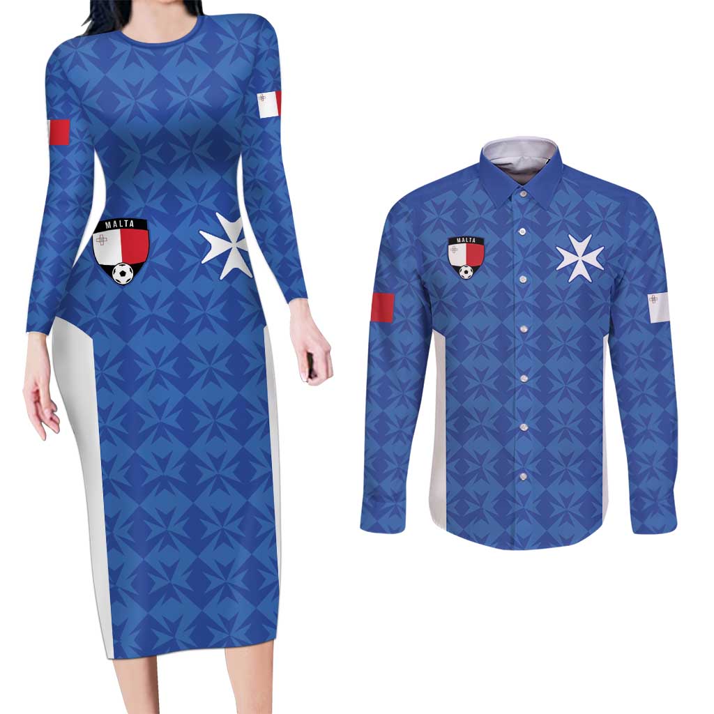 Custom Malta Football Jersey Go Champions Couples Matching Long Sleeve Bodycon Dress and Long Sleeve Button Shirt Blue Style