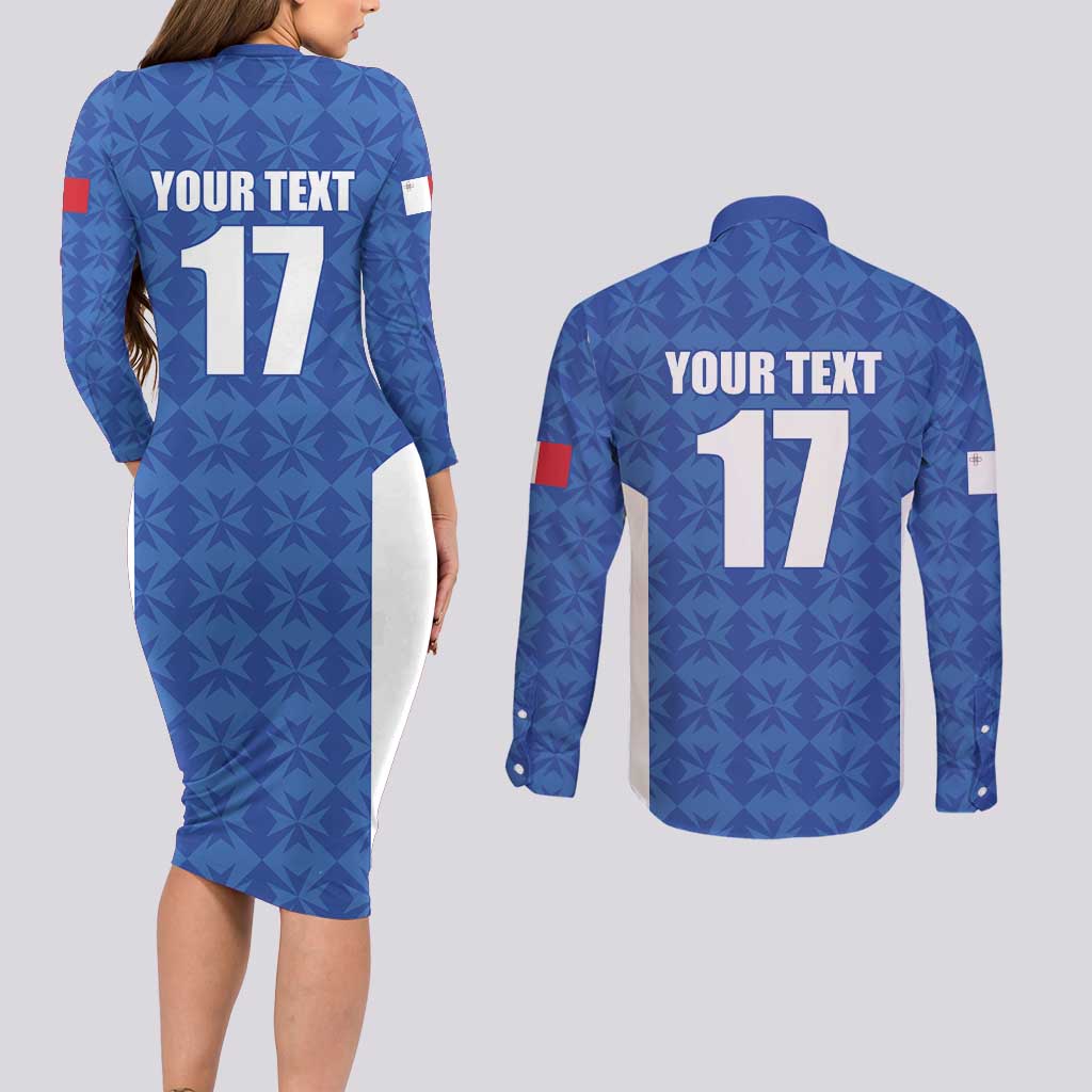 Custom Malta Football Jersey Go Champions Couples Matching Long Sleeve Bodycon Dress and Long Sleeve Button Shirt Blue Style