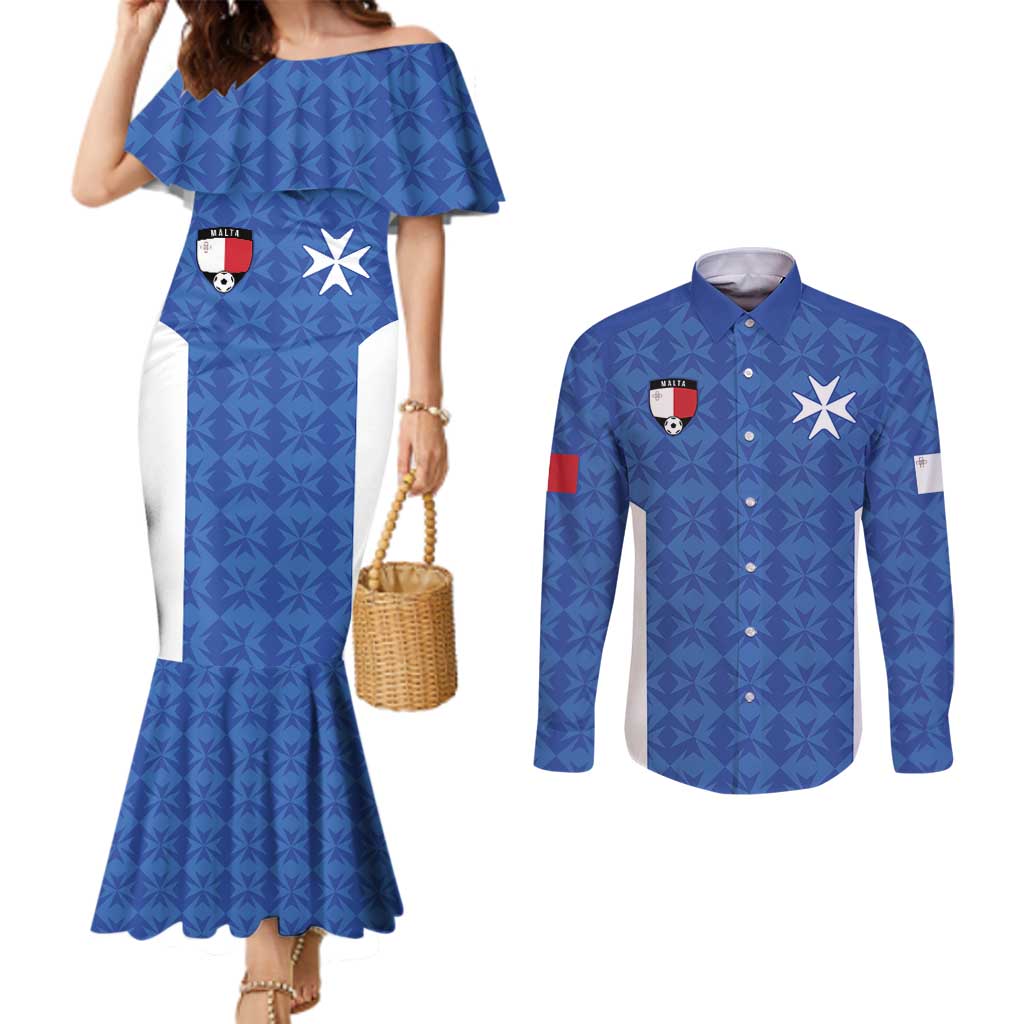 Custom Malta Football Jersey Go Champions Couples Matching Mermaid Dress and Long Sleeve Button Shirt Blue Style