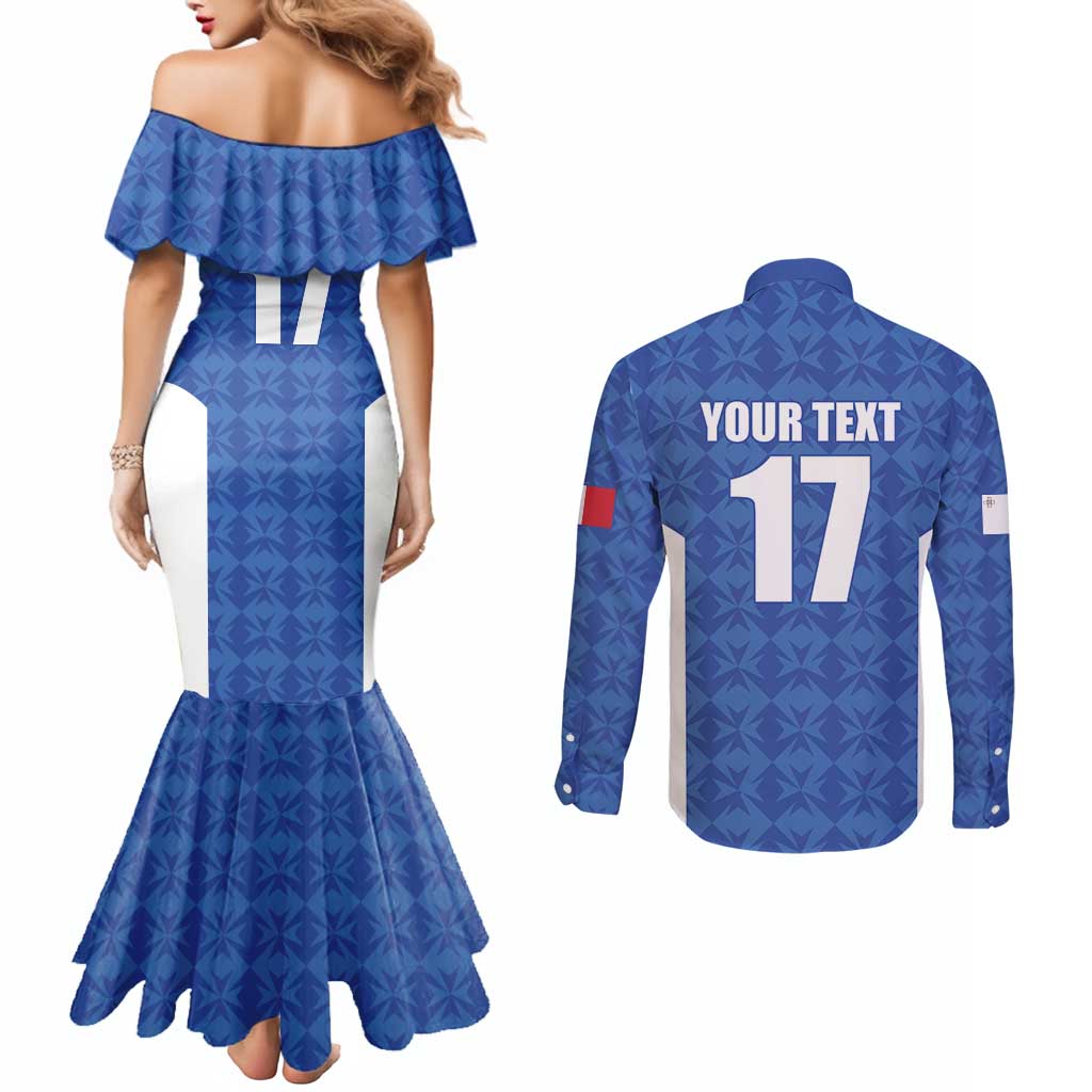 Custom Malta Football Jersey Go Champions Couples Matching Mermaid Dress and Long Sleeve Button Shirt Blue Style