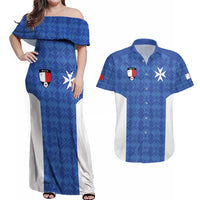Custom Malta Football Jersey Go Champions Couples Matching Off Shoulder Maxi Dress and Hawaiian Shirt Blue Style