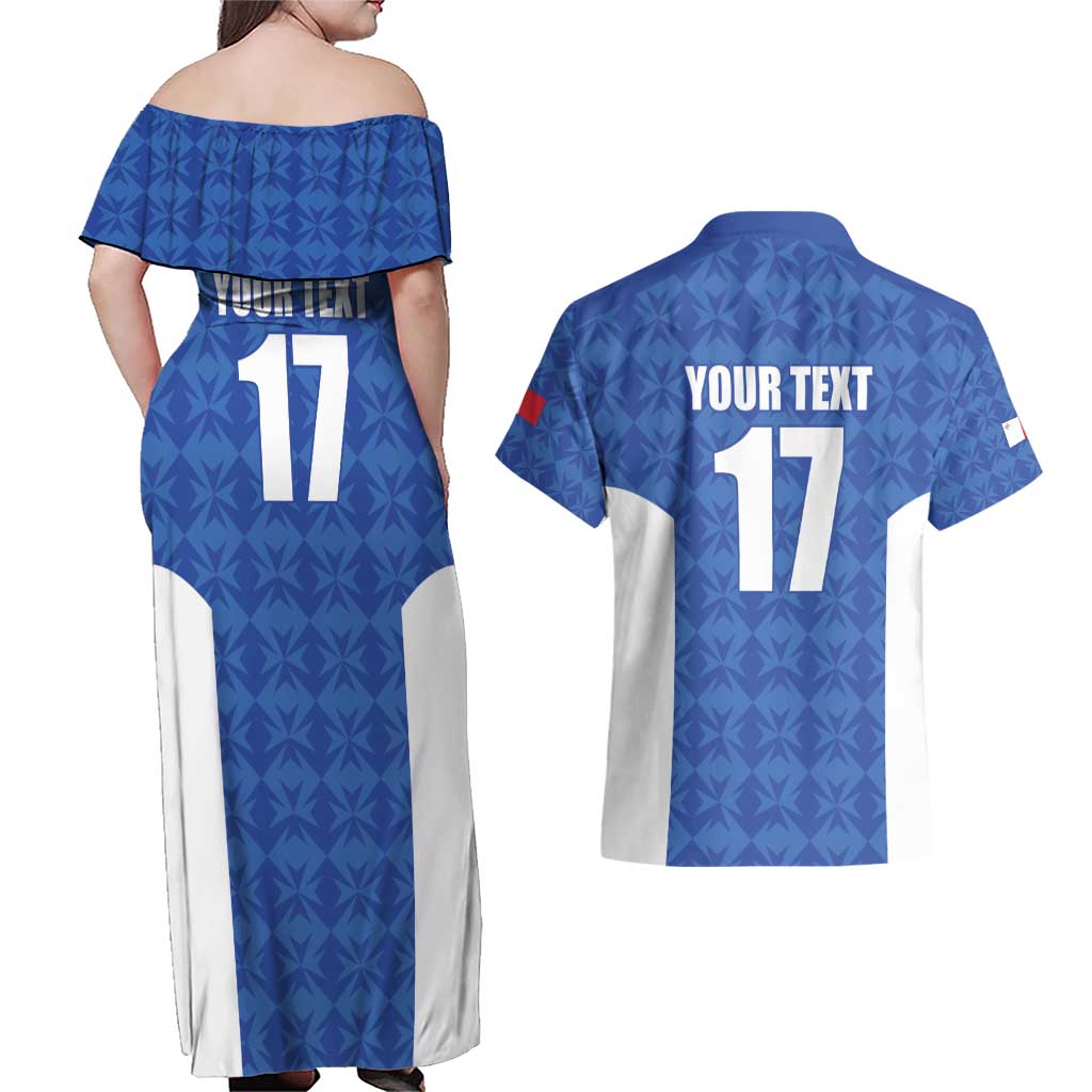 Custom Malta Football Jersey Go Champions Couples Matching Off Shoulder Maxi Dress and Hawaiian Shirt Blue Style