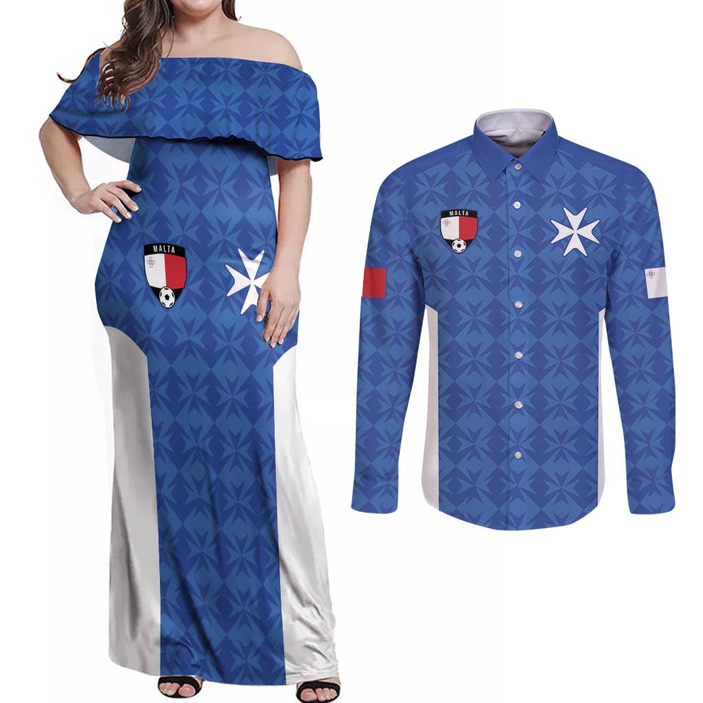 Custom Malta Football Jersey Go Champions Couples Matching Off Shoulder Maxi Dress and Long Sleeve Button Shirt Blue Style