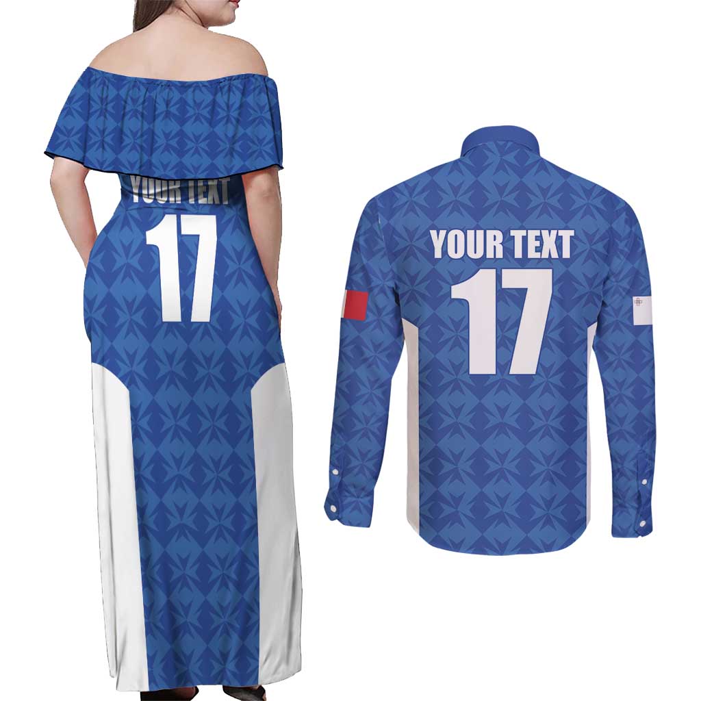 Custom Malta Football Jersey Go Champions Couples Matching Off Shoulder Maxi Dress and Long Sleeve Button Shirt Blue Style