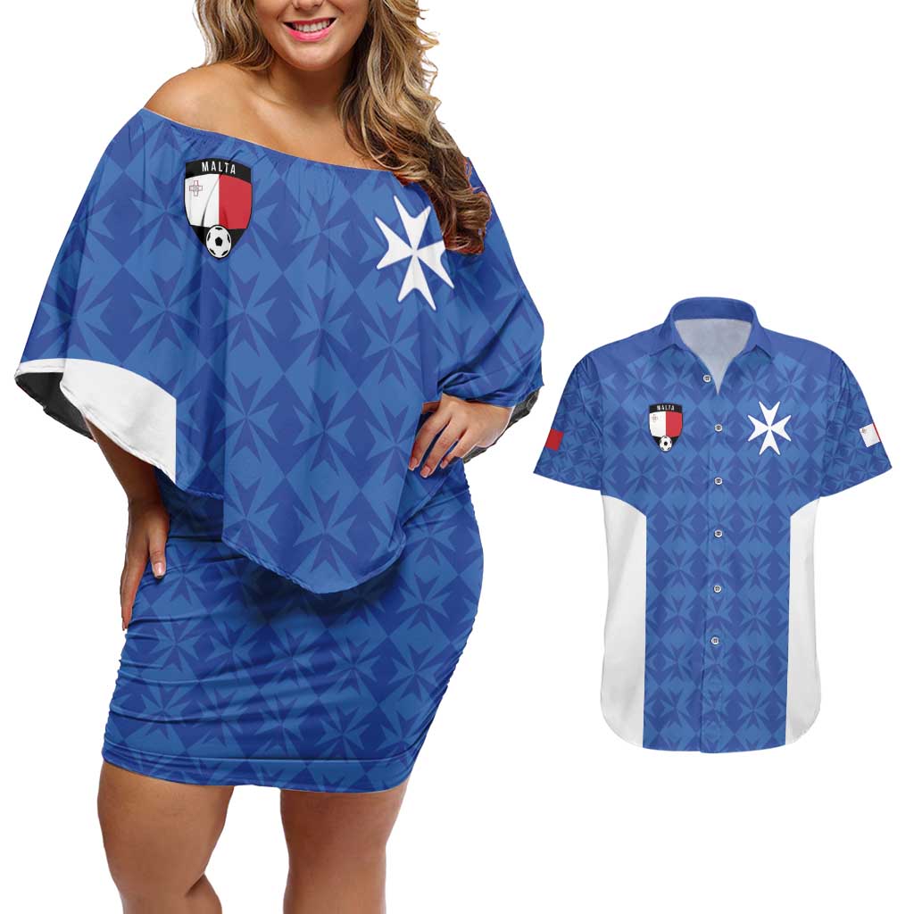 Custom Malta Football Jersey Go Champions Couples Matching Off Shoulder Short Dress and Hawaiian Shirt Blue Style