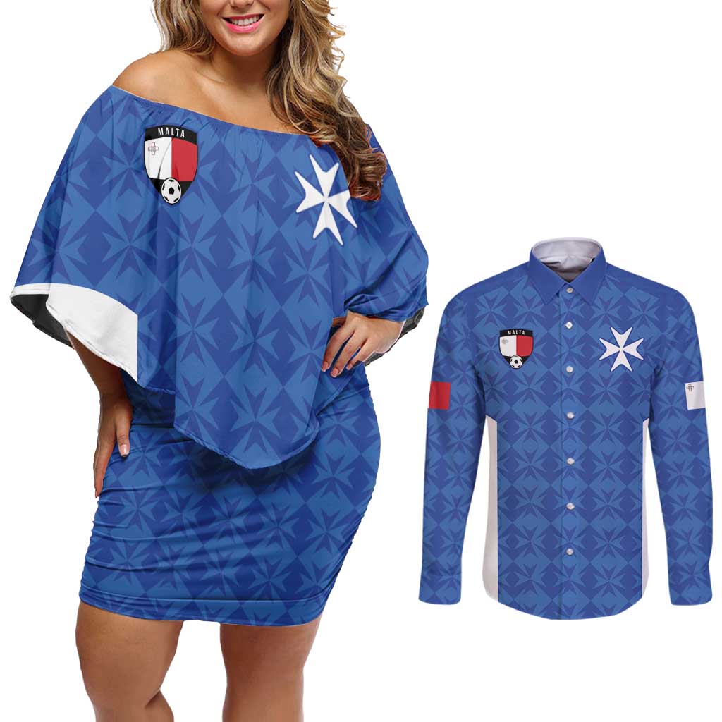 Custom Malta Football Jersey Go Champions Couples Matching Off Shoulder Short Dress and Long Sleeve Button Shirt Blue Style