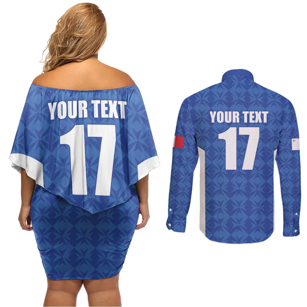 Custom Malta Football Jersey Go Champions Couples Matching Off Shoulder Short Dress and Long Sleeve Button Shirt Blue Style