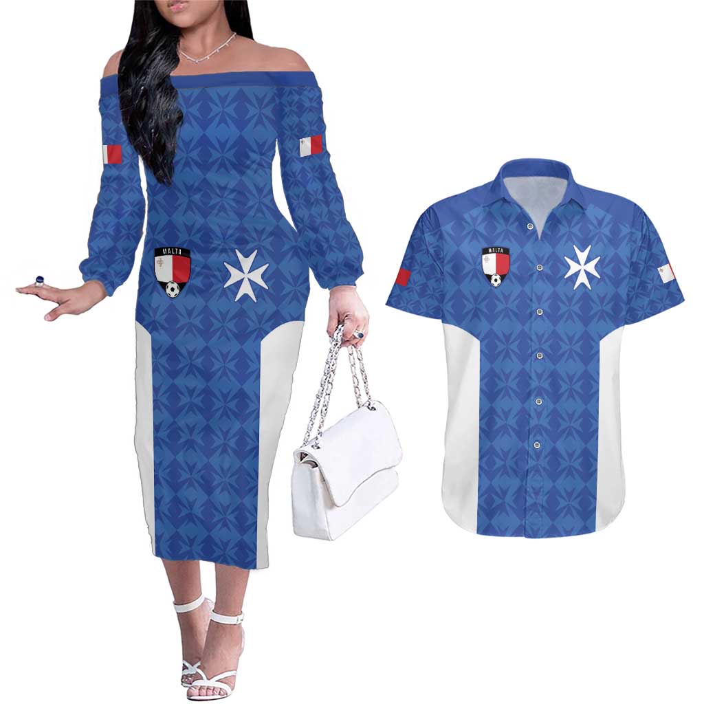 Custom Malta Football Jersey Go Champions Couples Matching Off The Shoulder Long Sleeve Dress and Hawaiian Shirt Blue Style
