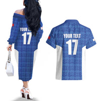 Custom Malta Football Jersey Go Champions Couples Matching Off The Shoulder Long Sleeve Dress and Hawaiian Shirt Blue Style