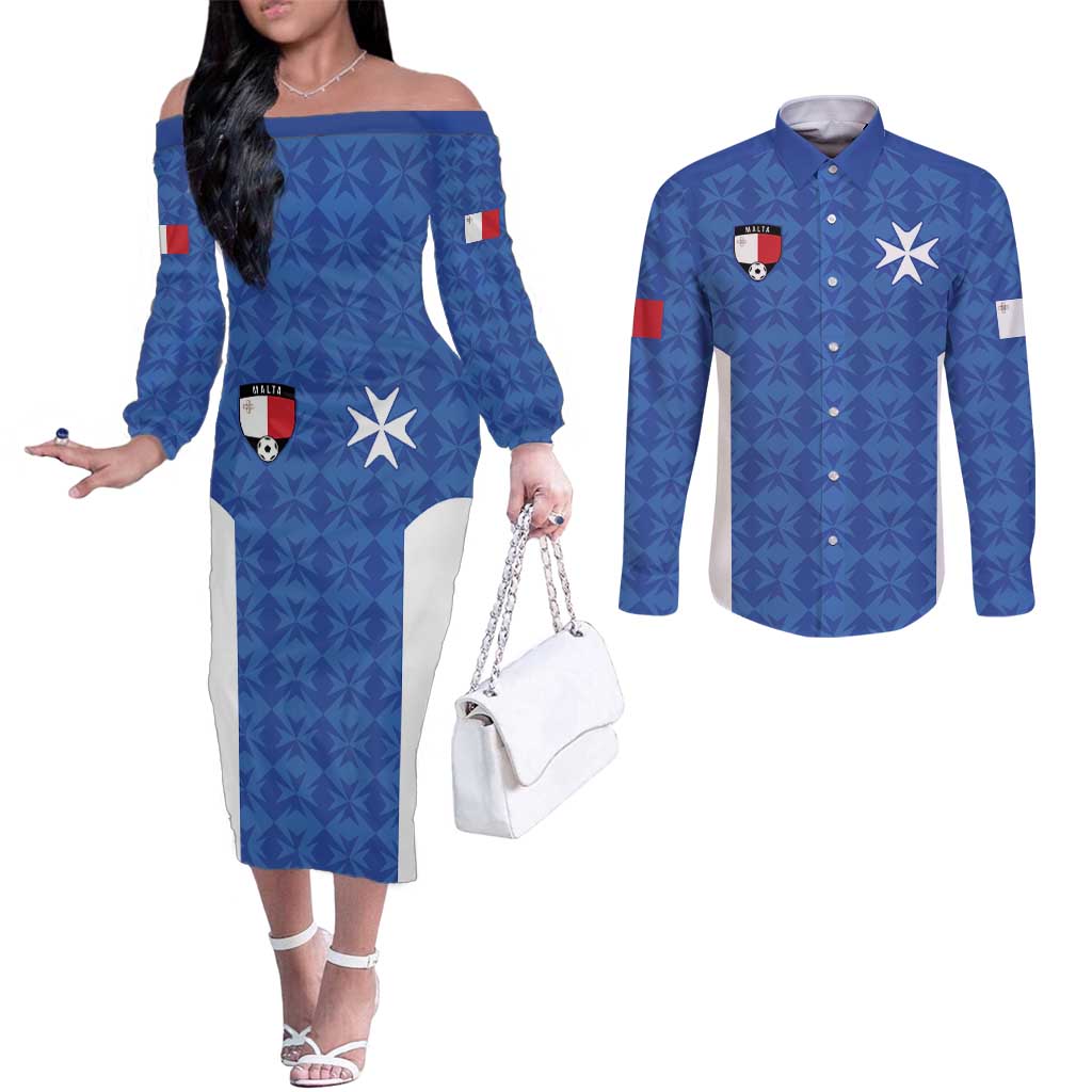 Custom Malta Football Jersey Go Champions Couples Matching Off The Shoulder Long Sleeve Dress and Long Sleeve Button Shirt Blue Style