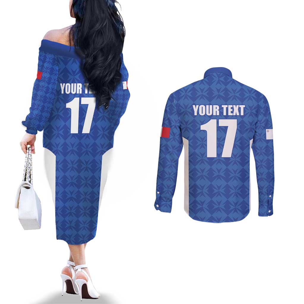 Custom Malta Football Jersey Go Champions Couples Matching Off The Shoulder Long Sleeve Dress and Long Sleeve Button Shirt Blue Style